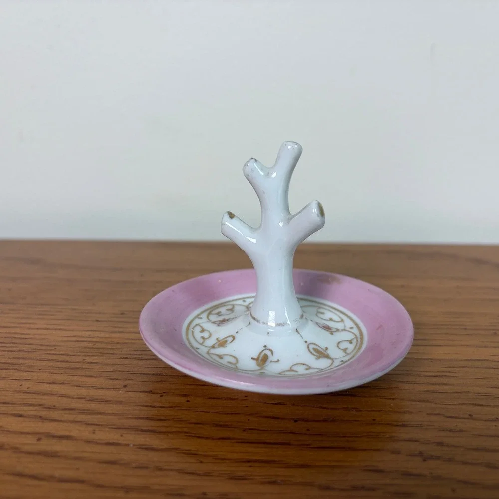 Vintage Porcelain Tree Branch Ring Holder Trinket Dish Pink Gold Scroll